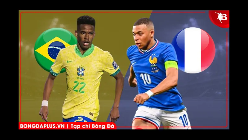 Cầu thủ Brazil và Pháp đang tranh chấp quả bóng trên sân